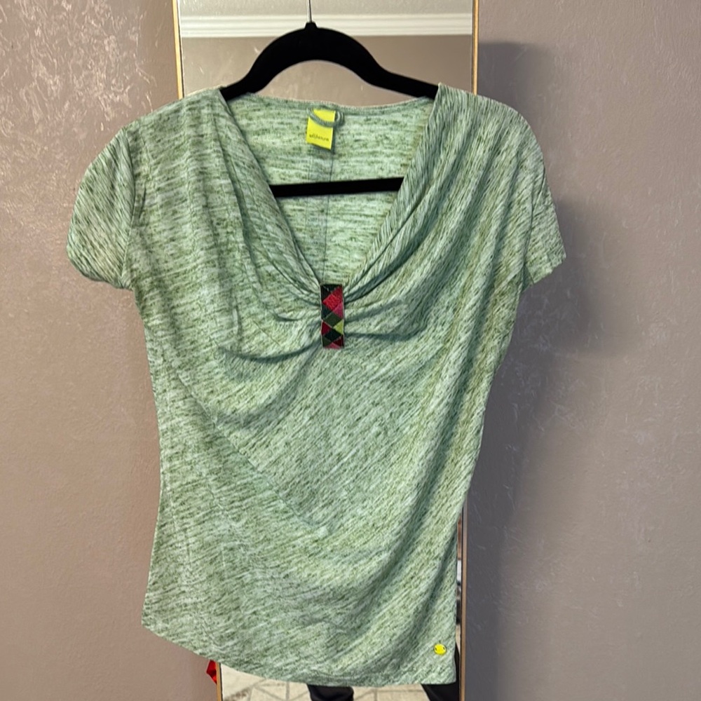 Skunkfunk Green Ruched Fitted Short Sleeve Blouse
